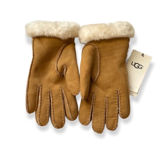UGG Classic Perforated Genuine Shearling Suede Gloves Size Medium Chestnut - Picture 2 of 6